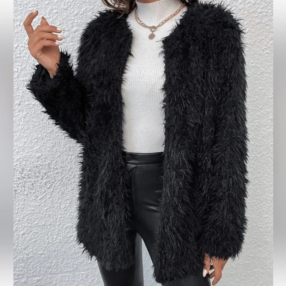 Cozy Faux Vegan Fur Open Front Jacket Coat Hot Pink - Picture 10 of 14